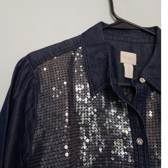 Chicos 2 Womens L Blouse Button Front All Over Sequins Chambray Long Sleeve - Picture 4 of 6
